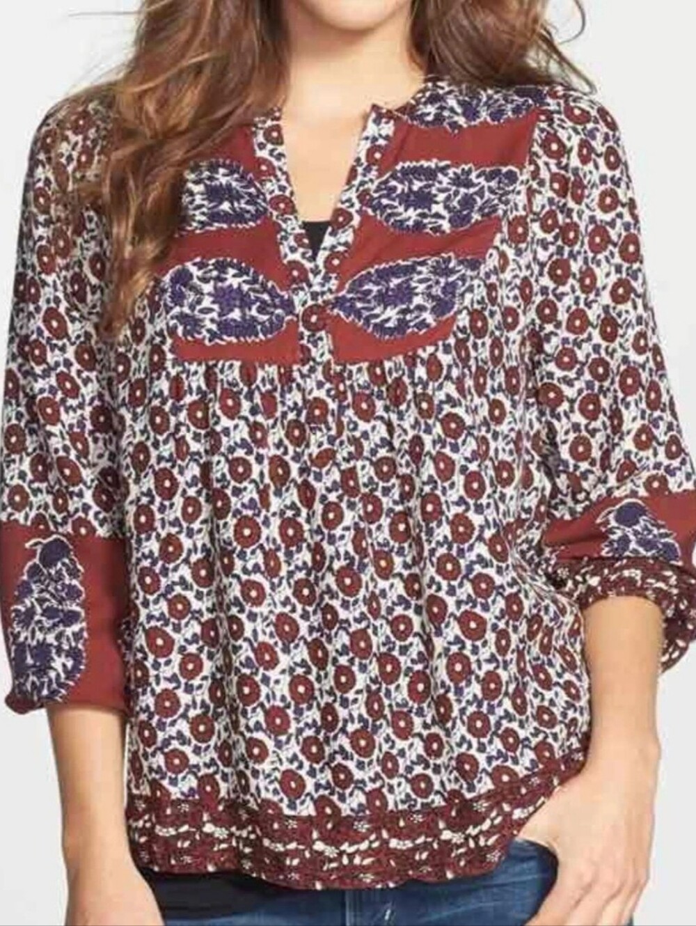 LUCKY BRAND Top Women’s Large Floral Boho Scarf Peasant Top Blouse 3/4 Sleeve
